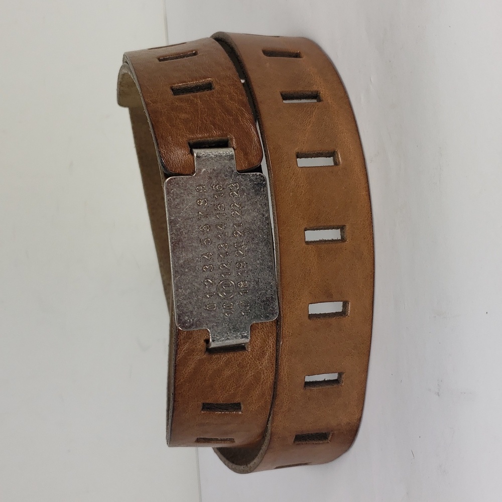 MAISON MARTIN MARGIELA TAN LEATHER CUT OUT DETAIL BELT NUMERIC SILVER BUCKLE 105